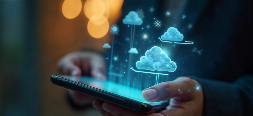 A hand holding a smartphone with cloud icons rising from its screen